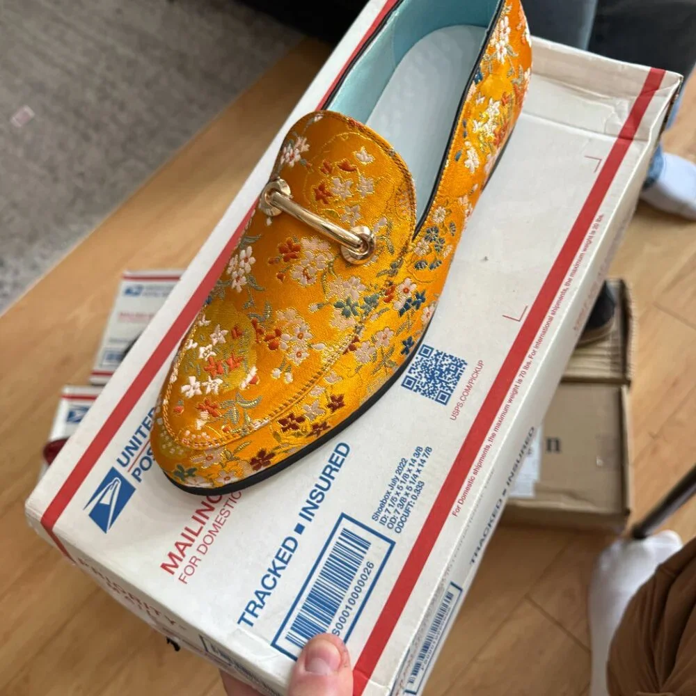 Santimon Men's US 12.5 Orange Floral Embroidery Loafers with Gold Buckle Stylish
